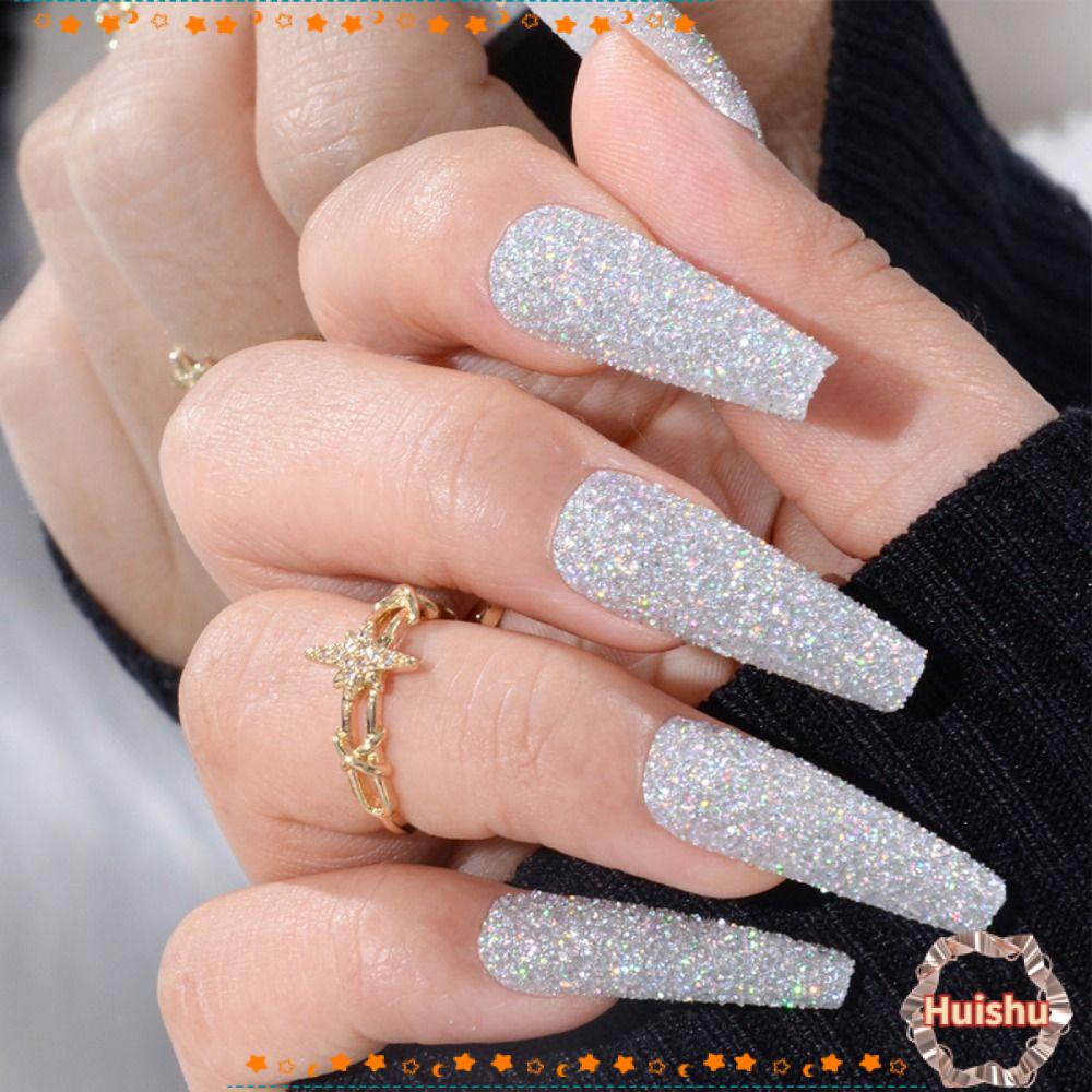 HS Set 24 Móng Tay Giả Che Phủ Toàn Diện Màu Bạc Lấp Lánh Kiểu Pháp