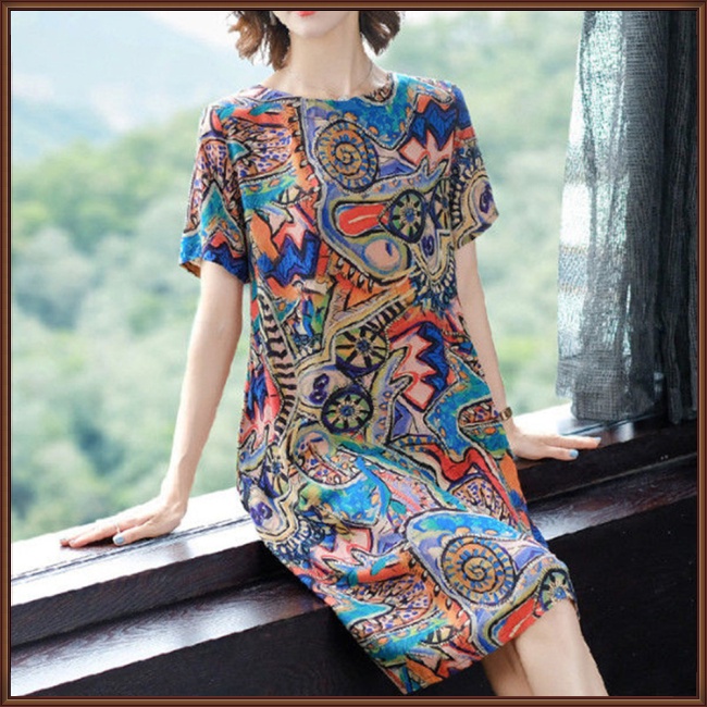 Đầm Midi Cổ Tròn Tay Ngắn In Họa Tiết Thổ Cẩm Kiểu Retro Plus Size Thời Trang Mùa Hè Cho Nữ