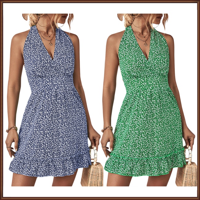 Đầm Ngắn Không Tay Cổ Chữ V Hở Lưng In Hoa Thời Trang Mùa Hè Quyến Rũ Cho Nữ