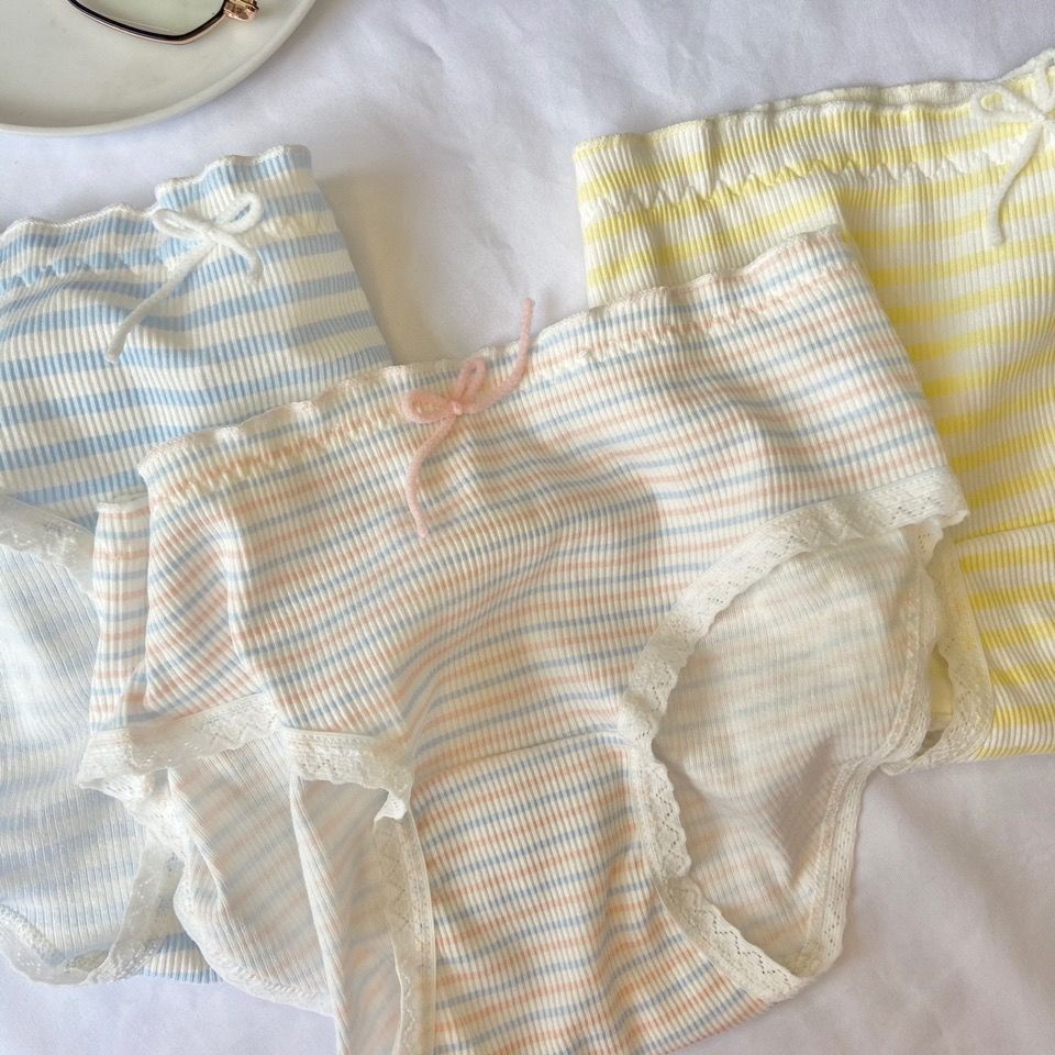 Bộ 2 / 5 Quần Lót Cotton Thoáng Khí Đính Nơ Kẻ Sọc Nhiều Màu Sắc Dễ Thương Phong Cách Hàn Quốc Cho Nữ
