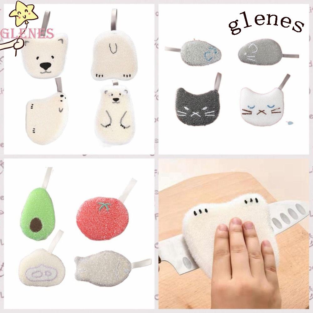 GLENES Set 4 Khăn Lau Chén Dĩa Bằng Bọt Biển Dày Dặn Thấm Hút Nước Không Có Thể Tái Sử Dụng Họa Tiết Hoạt