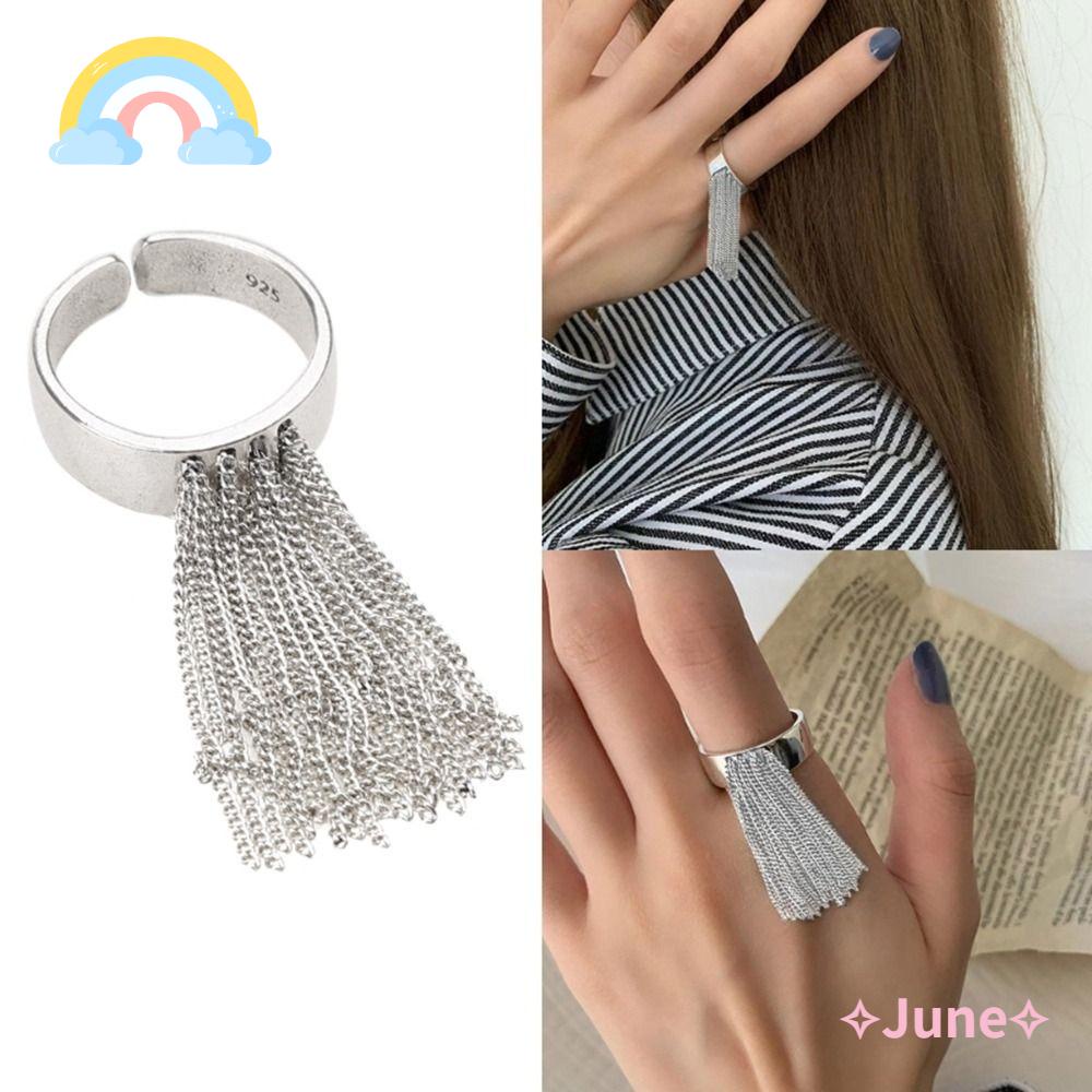 JUNE Nhẫn Hở Phối Dây Xích Tua Rua Phong Cách Hip Hop Cổ Điển Thời Trang Cho Nữ