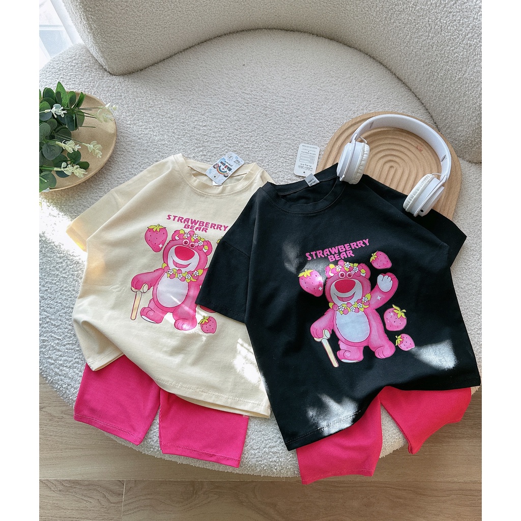 Set gấu dâu tây quần legging hồng bé gái