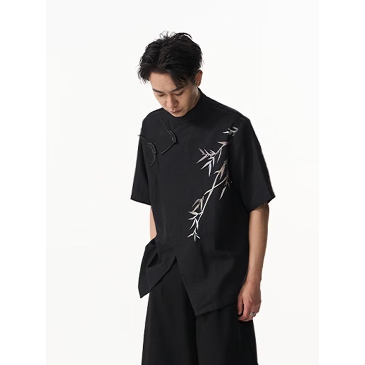 Áo Sơ Mi Vải Lanh Rộng Tay Ngắn In Họa Tiết Chéo Màu Gradient Phong Cách Trung Hoa Mới