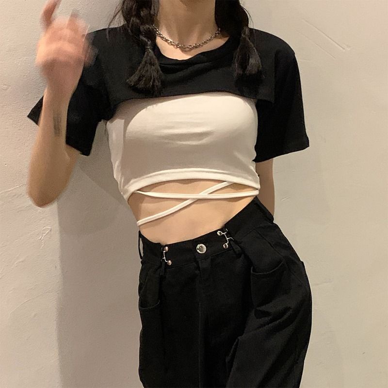 Áo Croptop Ngắn Tay Hai Màu Sắc Thời Trang Mùa Hè Quyến Rũ Dành Cho Nữ