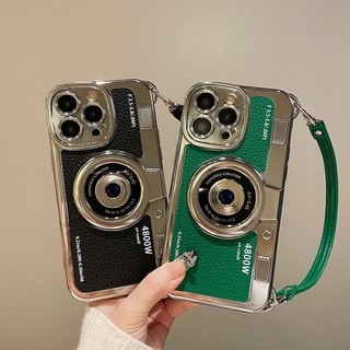 Creative and Personalized 3D Electroplated Camera Leather Hand Starp Phone Case Suitable for iPhone 15 Pro Max 11 12 13 14 Pro Max 14 Plus Shockproof Full Case
