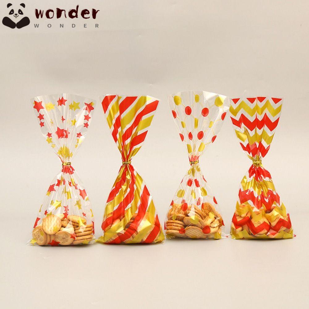 WONDER Bộ 50 Túi Đựng Kẹo Bằng Nhựa Họa Tiết Chấm Bi Sọc Vàng Hồng Xanh Dương Có Dây Buộc Xoắn Dùng Một Lần Cho Trường Học