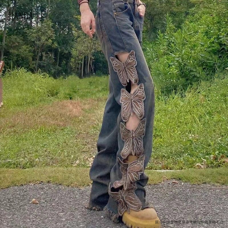 PANDA6.8Quần Jeans Dài Lưng Cao Ống Rộng Thêu Hình Bướm Thời Trang Cho Nữ