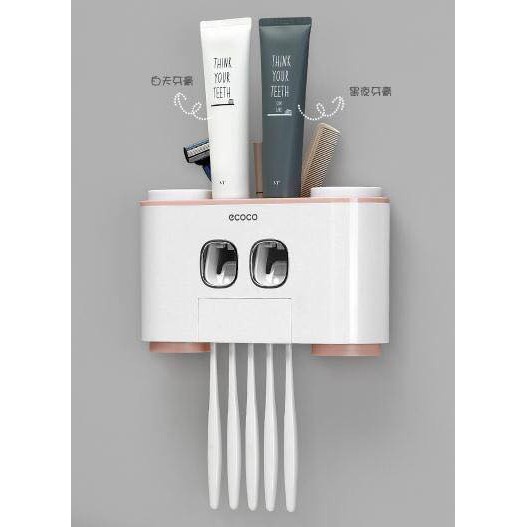 Bộ Nhả Kem đánh Răng Tự động Ecoco Không Cần Khoan Tường, Kèm 4 Cốc, Bộ Kệ Treo Bàn Chải Nhà Vệ Sinh Kèm Ly