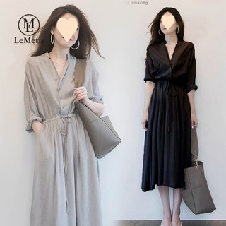 LeMetis Đầm Midi Tay Lỡ Cổ Chữ V Màu Trơn Thanh Lịch Plus Size S-4X