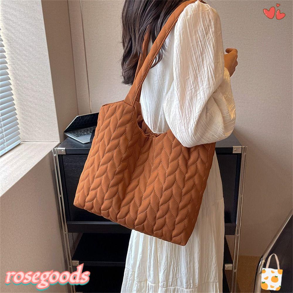 ROSE Túi Tote Cotton Màu Trơn Sức Chứa Lớn Thêu Họa Tiết Thời Trang Cho Nữ