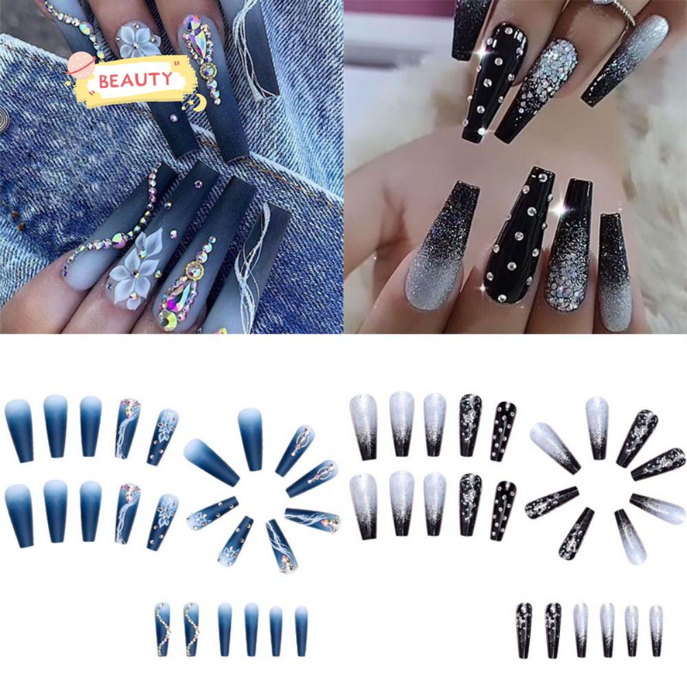BEAUTY Bộ Móng Tay Giả Che Phủ Toàn Diện Đính Đá Xinh Xắn