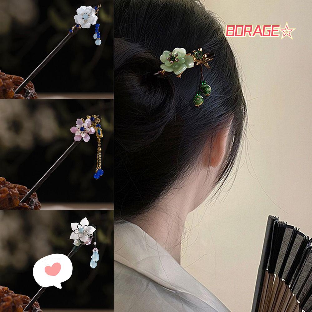 BORAG Trâm Cài Tóc Bằng Gỗ Mun Phối Tua Rua Phong Cách Cổ Điển Thời Trang Dự Tiệc