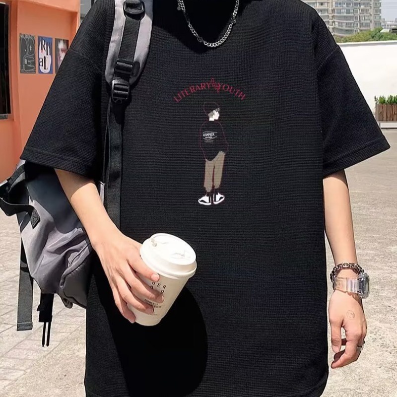 Áo Thun Thể Thao Tay Ngắn Cổ Tròn In Hình Bánh Waffle Hoạt Hình Phong Cách Retro Mỹ Cỡ Lớn M-5XL Thời Trang Mùa Hè Cho Nam Và Nữ