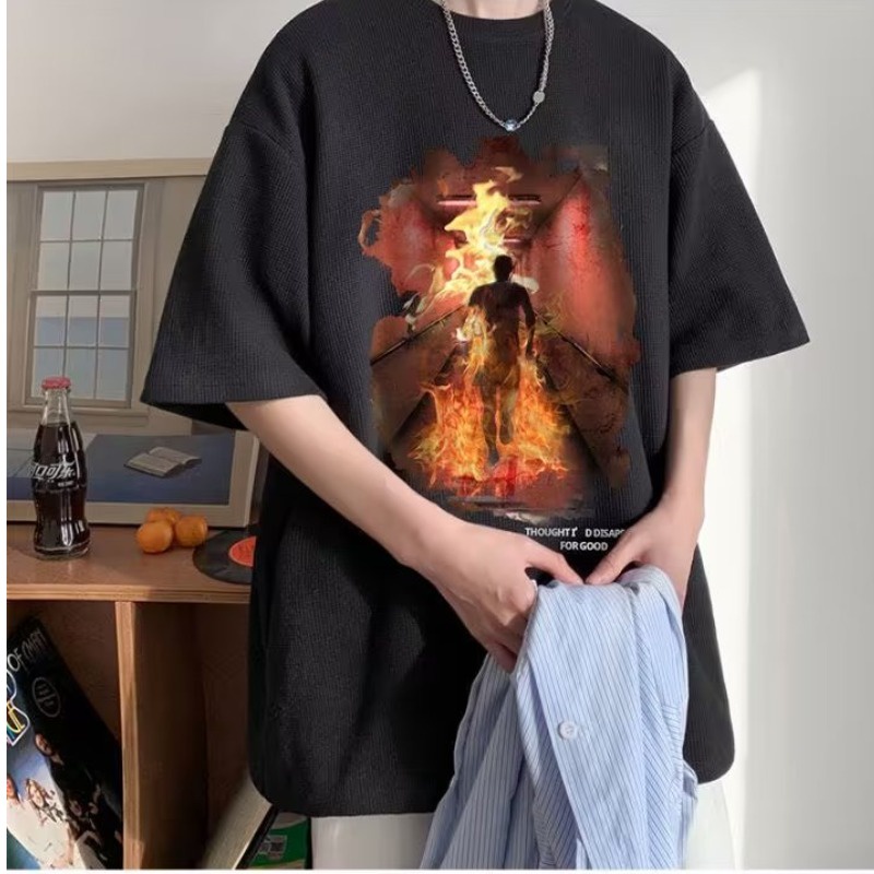 Áo Thun Thể Thao Plus Size Tay Ngắn Cổ Tròn In Hình Ngọn Lửa Phong Cách Mỹ Cổ Điển Mùa Hè Cho Cặp Đôi Size M-5XL