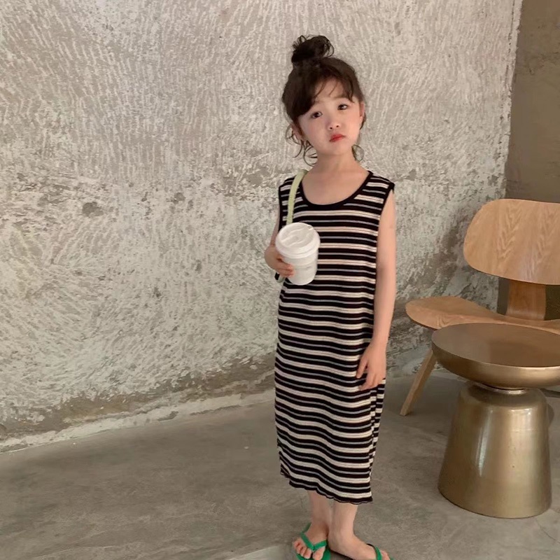 Annie Đầm Dài Sát Nách Kẻ Sọc Phong Cách vintage Hàn Quốc Cho Bé Gái