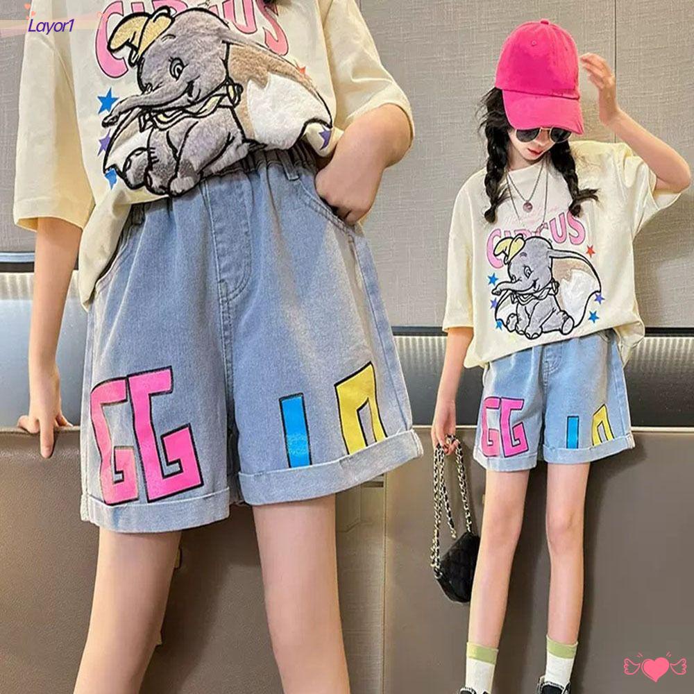 LAYOR1 Quần Short Jean Siêu Mỏng Phối Túi Lớn In Chữ Thời Trang Cho Bé Từ 4-13 Tuổi