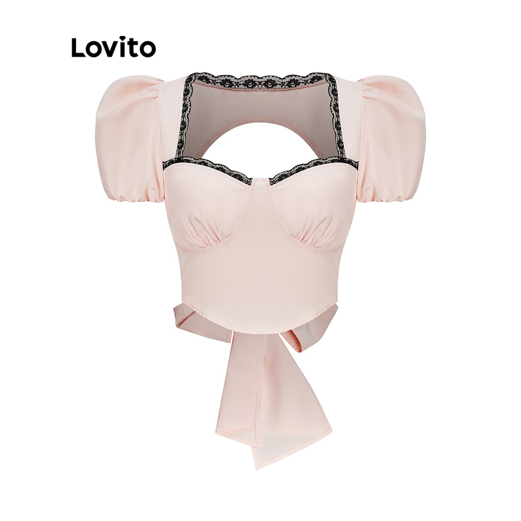Lovito Áo ren hở lưng màu trơn đơn giản dành cho nữ L55AD032 (Hồng)