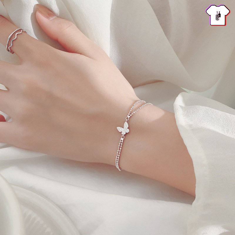Vòng Đeo Tay Hai Lớp Dạng Chuỗi Hạt Tròn Hình Bướm Kim Cương Thời Trang Sáng Bóng Dành Cho Nữ