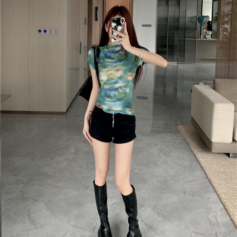 Áo Thun Tay Ngắn Dáng Ôm In Hình Trừu Tượng