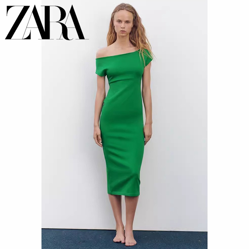 Zara Đầm midi Tay Ngắn Cổ Rộng Thời Trang Cho Nữ