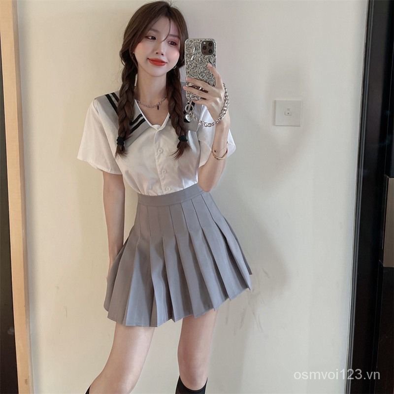 Hàng Có Sẵn Set Áo Sơ Mi Cổ Thủy Thủ + Chân Váy Xếp Ly Màu Xám Phong Cách Preppy Thời Trang Mùa Hè Kiểu Mới