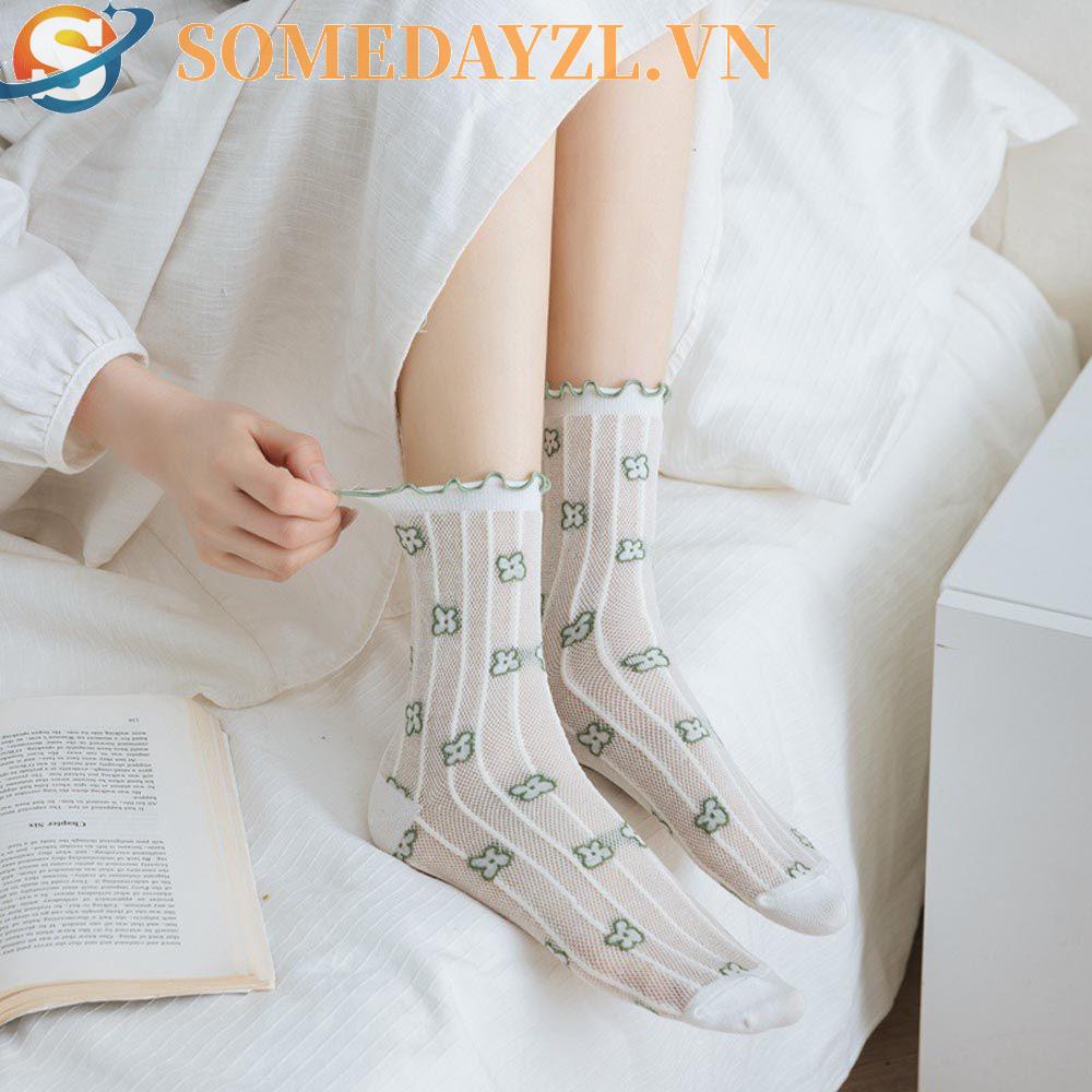 SOMEDAYZL Vớ Lụa Xuyên Thấu Họa Tiết Hoa Ngọt Ngào Phong Cách Harajuku Cho Nữ
