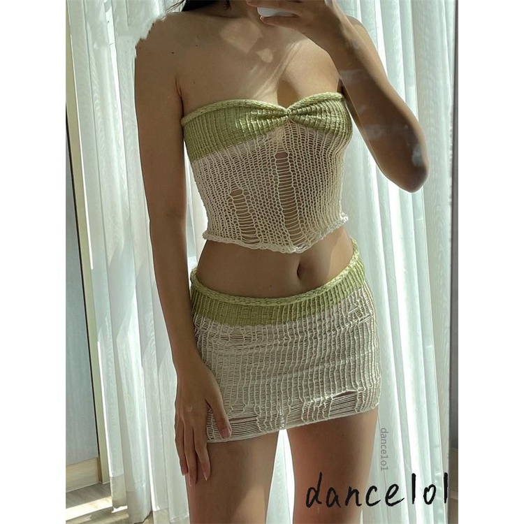 Bộ Trang Phục Múa Dệt Kim 1O1 Gồm Áo Ống Hở Lưng Phối Chân Váy Ngắn Lưng Thấp Màu Sắc Tương Phản