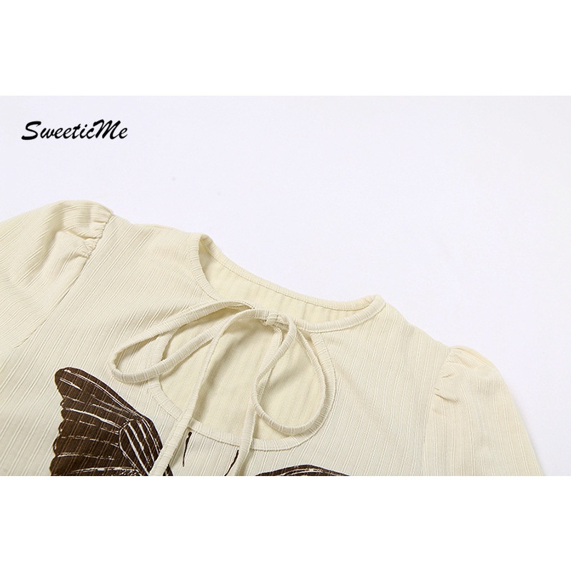 Áo Thun Tay Ngắn Cổ Tròn Cột Dây Họa Tiết Bướm Thời Trang 2023 Quyến Rũ Cho Nữ