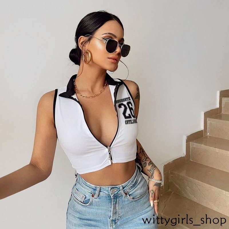 Wittygirls-áo Croptop Sát Nách Ngắn Không Tay Thêu Họa Tiết Có Khóa Kéo Gợi Cảm Thời Trang Cho Nữ