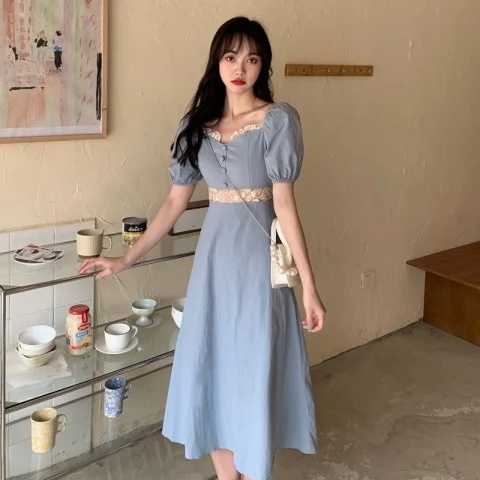 Đầm midi Cổ Vuông Tay Phồng Hở Lưng Màu Xanh Dương Thanh Lịch Quyến Rũ Thời Trang Mùa Hè Cho Nữ