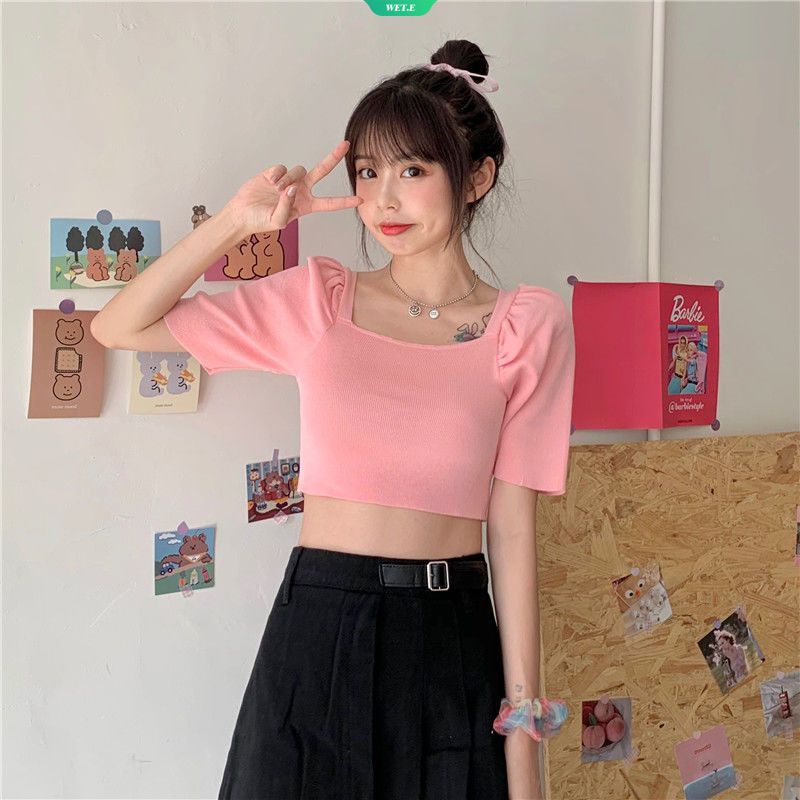 Áo Croptop Dệt Kim Tay Phồng Cổ Vuông Phong Cách Hàn Quốc Thời Trang Mùa Hè Đơn Giản Y2k