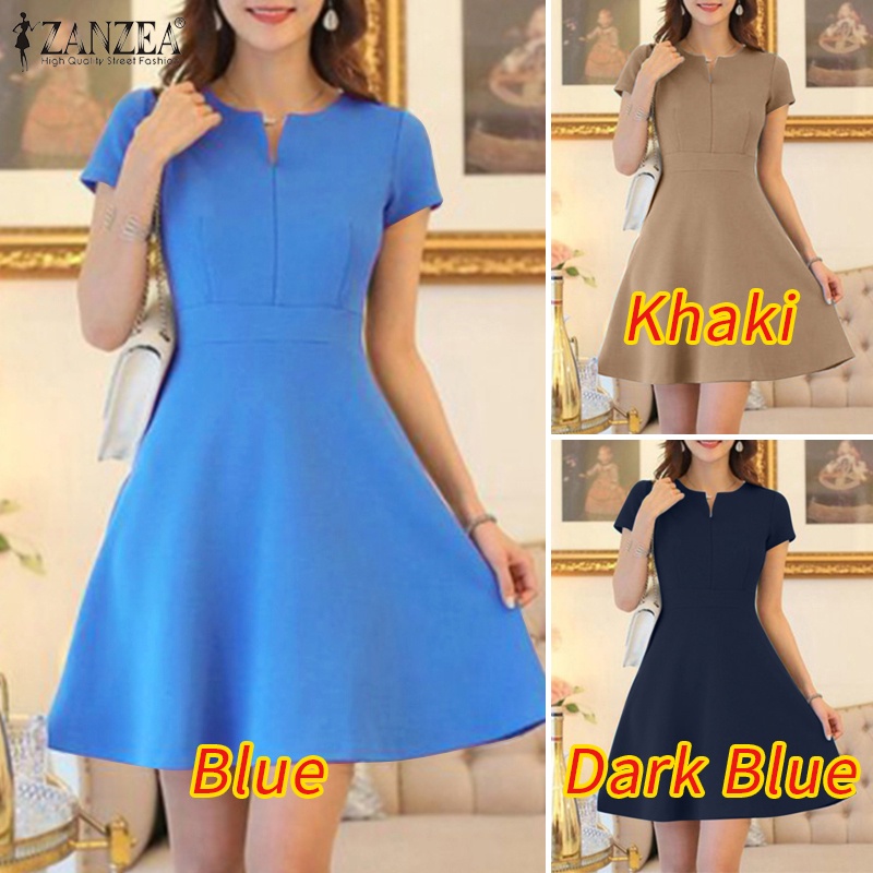 ZANZEA Đầm Chữ A Ngắn Tay Cổ Tròn Thời Trang Nữ Tính