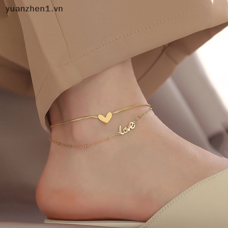 Lắc Chân Hai Lớp Bằng Thép Titan Màu Vàng Hình Trái Tim Thời Trang Cho Nữ
