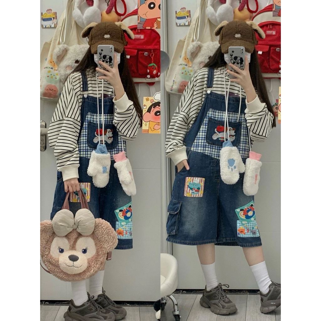 Quần Yếm Denim Ống Rộng Thêu Họa Tiết Dễ Thương Phong Cách Nhật Bản Thời Trang Thu Đông Cho Nữ