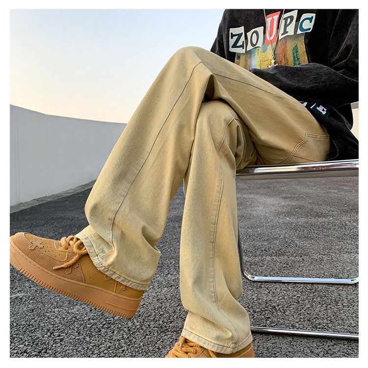 Quần Jean Dài Dáng Suông Ống Đứng Màu Sắc Bùn Vàng Phong Cách Đường Phố Thời Trang Xuân Thu Cho Nam