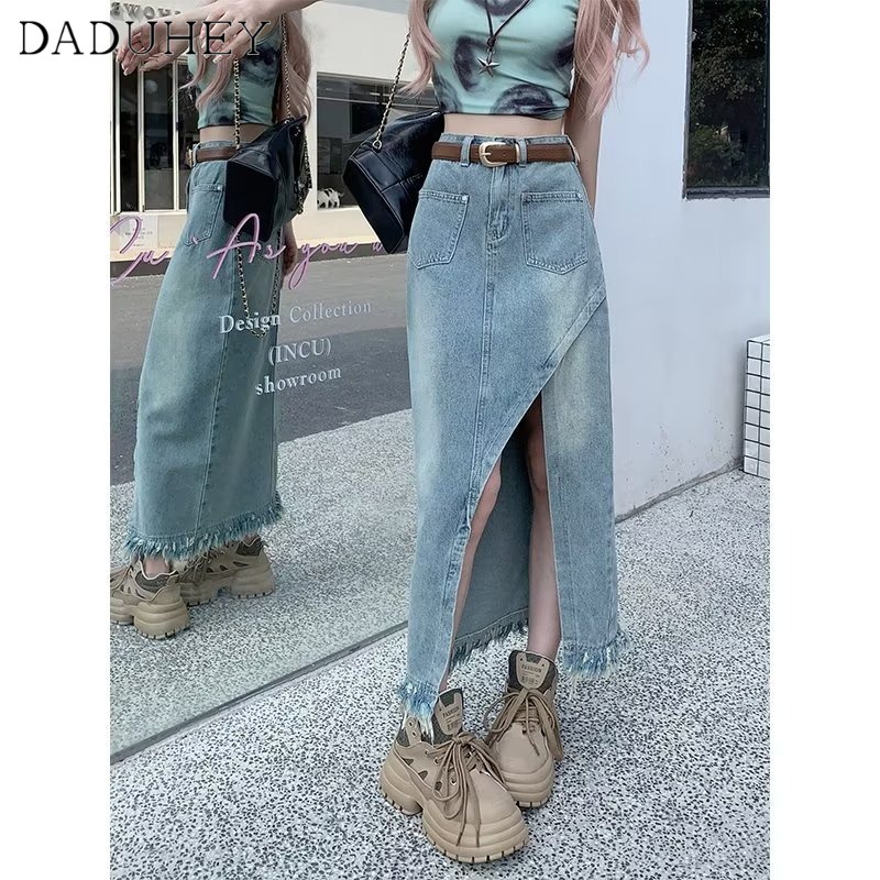 DaDuHey New American Ins Retro Washed Slit Denim Skirt Niche High Waist A- line Skirt Large Size Bag Hip Skirt
