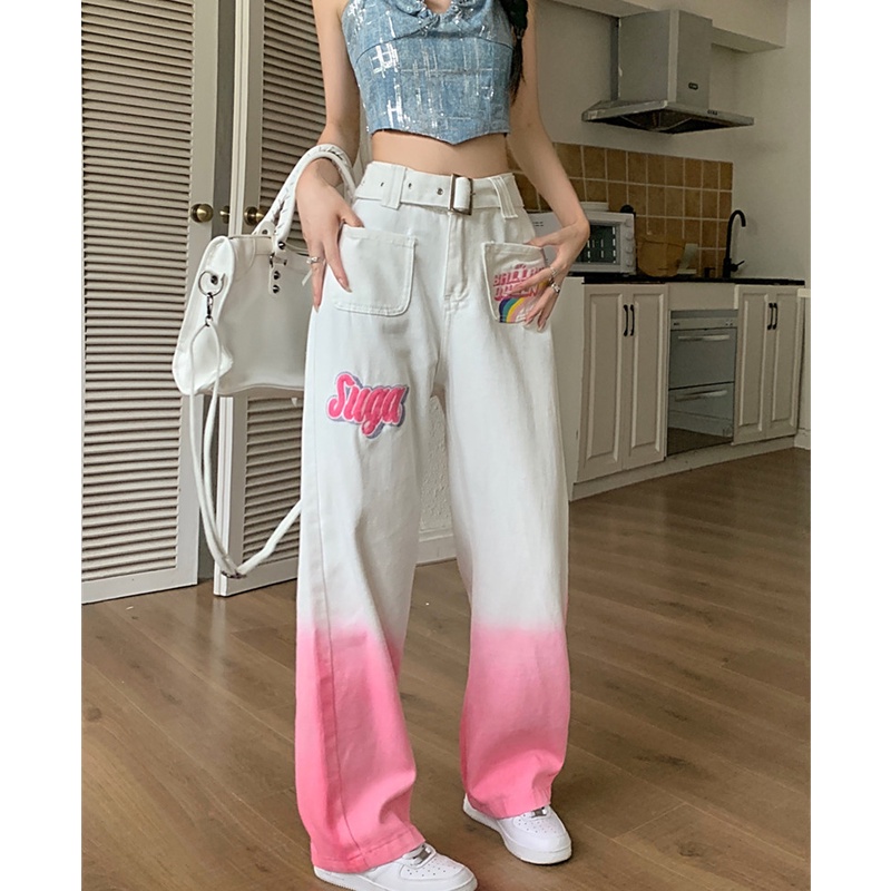 Quần Jean Nữ Lưng Cao Ống Rộng Màu Gradient Thời Trang