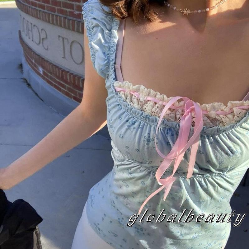 Áo Croptop Không Tay Phối Ren Họa Tiết Hoa Thời Trang Mùa Hè Cho Nữ