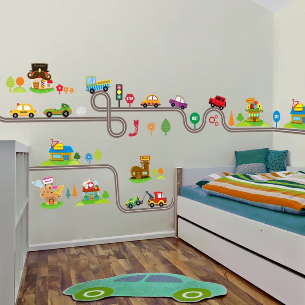 Miếng Dán Tường Trang Trí Họa Tiết Đường Xe Hoạt Hình Tháo Rời Được DIY Dành Cho Phòng Trẻ Em