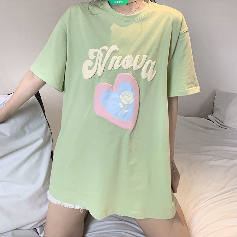 Áo Thun Ngắn Tay Dáng Rộng In Chữ Phong Cách Retro Hàn Quốc