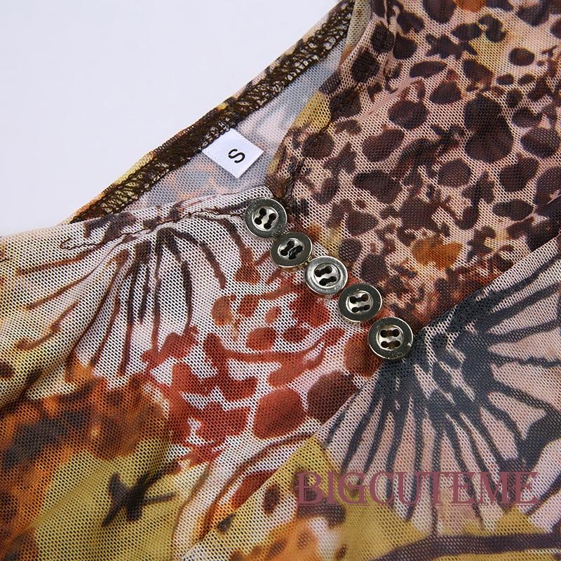 Áo Thun Crop Top Tay Dài Phối Lưới In Họa Tiết Vintage Dành Cho Nữ