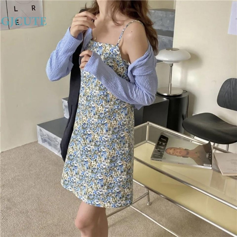 Set Đầm Hai Dây Họa Tiết Hoa Và Áo Khoác Cardigan Thời Trang Dễ Thương Cho Bạn Gái