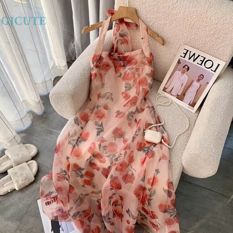 Đầm Maxi Hoa Hai Dây Hở Lưng Gợi Cảm Cho Nữ