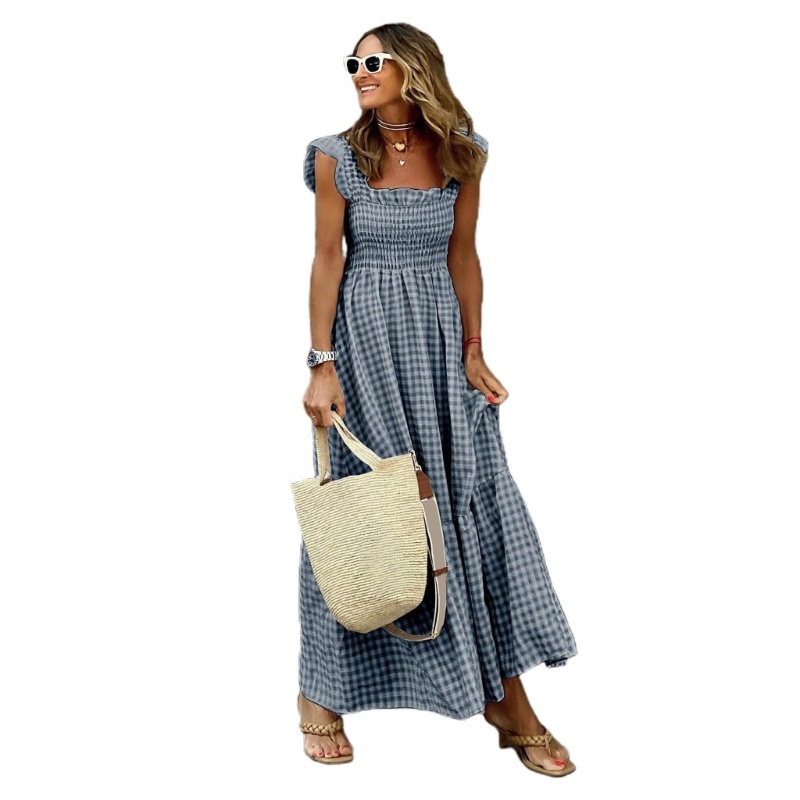 Đầm Maxi Không Tay Cổ Vuông Họa Tiết Sọc Caro Thời Trang Mùa Hè Cho Nữ