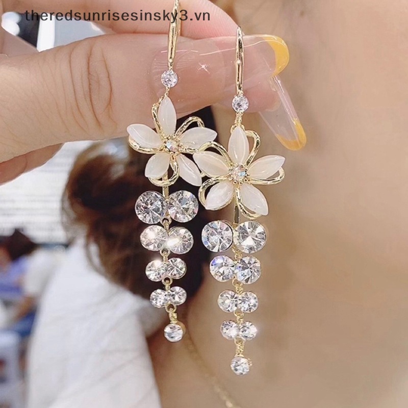 1 Đôi Bông Tai Hình Hoa Gắn Đá Opal Acrylic Tua Rua Thanh Lịch Thời Trang