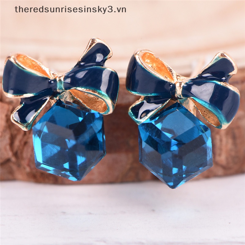 Bông Tai Hình Nơ Đính Đá Pha Lê Xanh Dương Thời Trang Dành Cho Nữ