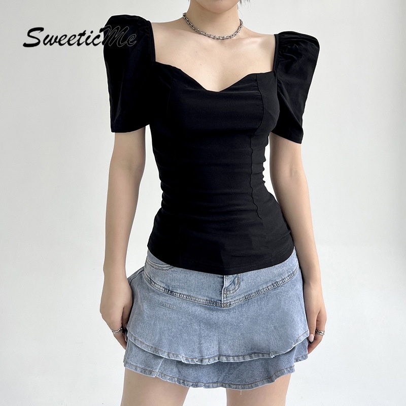 Áo Thun Tay Phồng Cổ Chữ V Hở Lưng Màu Trơn Thời Trang Mới 2023 Dành Cho Bạn Nữ