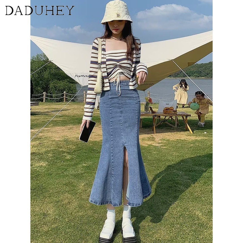 Chân váy denim DADUHEY ôm hông phối túi size lớn kiểu chữ A cạp cao xẻ tà retro thời trang phong cách Hàn Quốc