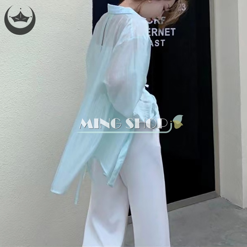 Áo Sơ Mi Voan Tay Dài Dáng Rộng Màu Sắc Đơn Giản Thanh Lịch Cho Nữ